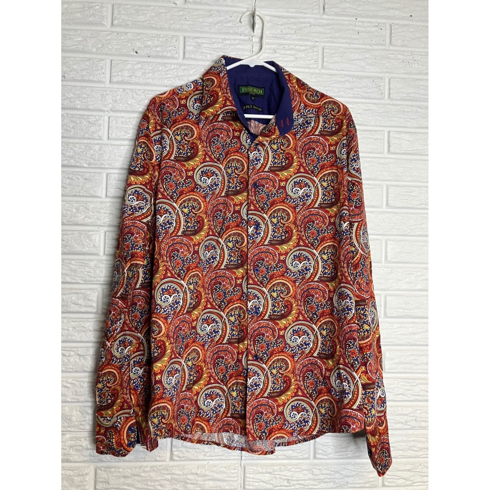 Inserch Button Down Shirt Men XL Multicolor Excellent Paisley 2 Ply Satin Cotton